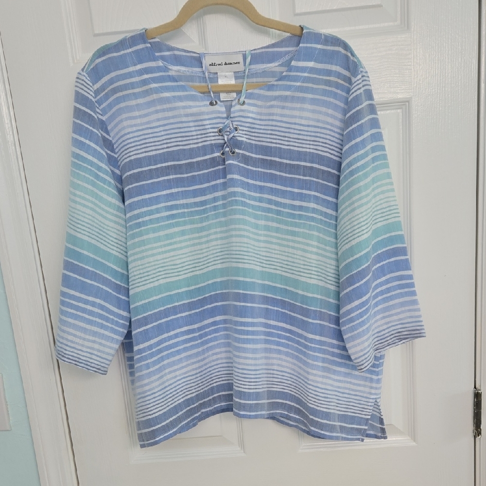 Alfred Dunner Blue Green Boxy Blouse with 3/4 Sleeves